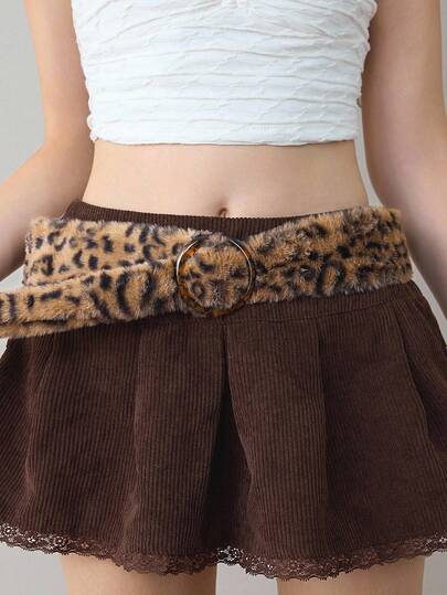 Grunge Punk 1pc Women's Leopard Print Fuzzy Waist Belt, Casual & Versatile Western Style