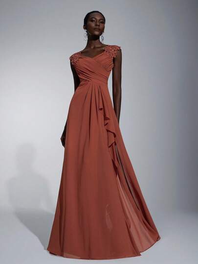 Elitara Chi tiết Appliques Ruffle Trim Chiffon Trang phục chính thức thanh lịch Prom Evening Wedding Guest Dress, For Graduation, Dinner Party Dress