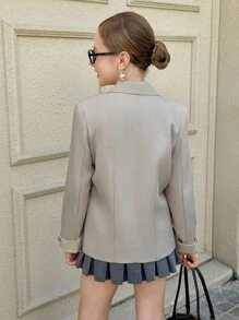 SHEIN 青少年女孩休闲纯色缺口领单排扣夹克 - 杏色 - 查看 3