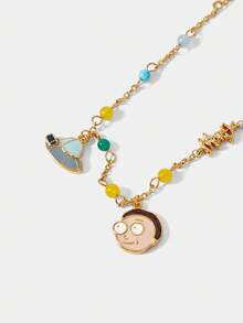 Rick and Morty X SHEIN Collar dorado con cuentas con personaje de dibujos animados y nave espacial