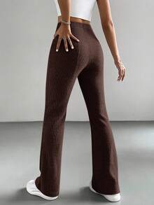 SHEIN EZwear 大码休闲羊毛罗纹喇叭运动裤 - 棕色 - 查看 2