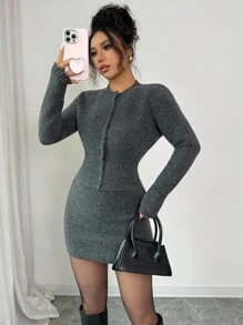 Elenzga 2 件套深灰色女士腰部塑身修身毛衣裙，秋冬款 - 深灰色 - 查看 3