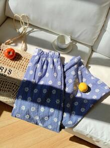 Comfortcana Quần dài ống rộng họa tiết hoa kẻ caro cỡ lớn đi nghỉ dưỡng thường ngày - Màu xanh lam - Xem 6