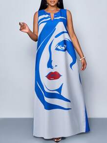 SOLERSUN Plus Size Women's Face Black & White Print V-Neck Long Casual Shirt Dress (With Pockets) Casual Vacation Daily Commute Picnic Street Photography Halloween New Year 2025 New Valentine's Day