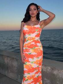 SHEIN Mädchen Batik Blumen Mesh Komfortables weiches Stil Langes Urlaubskleid - Verschiedenfarbig - Übersicht 1