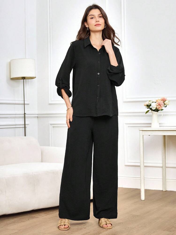 Miaspire 女士休闲纯色衬衫和阔腿裤两件套 - 黑色 - 查看 4