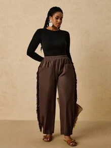 SHEIN VCAY 大码休闲复古风格流苏花卉装饰口袋女式秋季灯笼裤，踝带 - 咖啡棕 - 查看 7