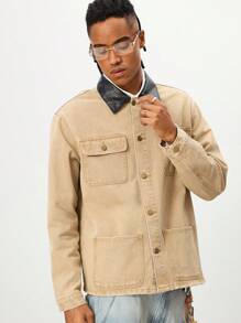 ROMWE MEN Street Life Giacca di jeans da uomo con colletto a contrasto e tasche multiple con bottoni