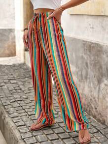 Brillora Striped Print Knot Waist Straight Leg Trousers - Multicolor - View 3