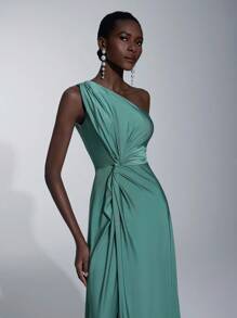 Elitara 女士浪漫优雅绿色弹力针织单肩扭褶收腰连衣裙，非常适合婚礼季、婚礼活动、返校季伴娘礼服