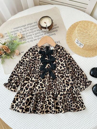 Baby Girl Leopard Print Dress With Bow Back, Suitable For Casual Daily Wear, Autumn/Winter Fall
