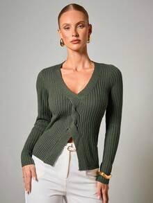 COSMINA Women's Casual Commuter Solid Color Twist Knit Top,Fall Clothes For Women - Dark Green - View 4