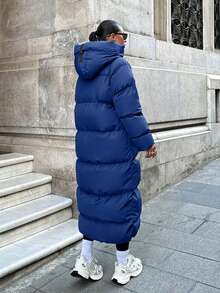 EURMUSE Abrigo de invierno acolchado de línea larga con cremallera y tirador de contraste, con función de mantener el calor - Azul Marino - Ver 2