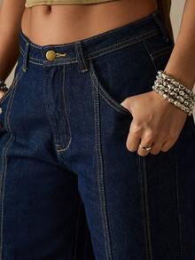 MISSGUIDED Quần jeans ống rộng cạp cao phong cách cổ điển Y2K Quần jeans ống loe dài thời trang retro thập niên 70 - Màu xanh hải quân - Xem 4