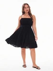 Solavibe 大码毕业礼服白色休闲度假纹理雪纺腰部喇叭形 A 字吊带连衣裙 - 黑色 - 查看 7