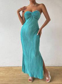 Rafferiza 女士优雅蓝色褶皱露肩扭纹前开襟连衣裙，适合夏季长款女装