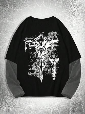 Manfinity Dauomo Herrfärgblocks-T-shirt med rund hals och långärmad grafiskt tryck, höst