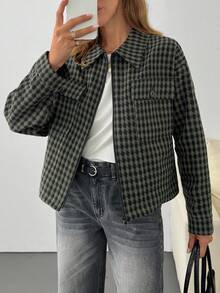 EURMUSE Women's Casual 70s Retro Vintage Collared Zip-Up Long Sleeve Jacket Office Green Gingham Autumn - Multicolor - View 1