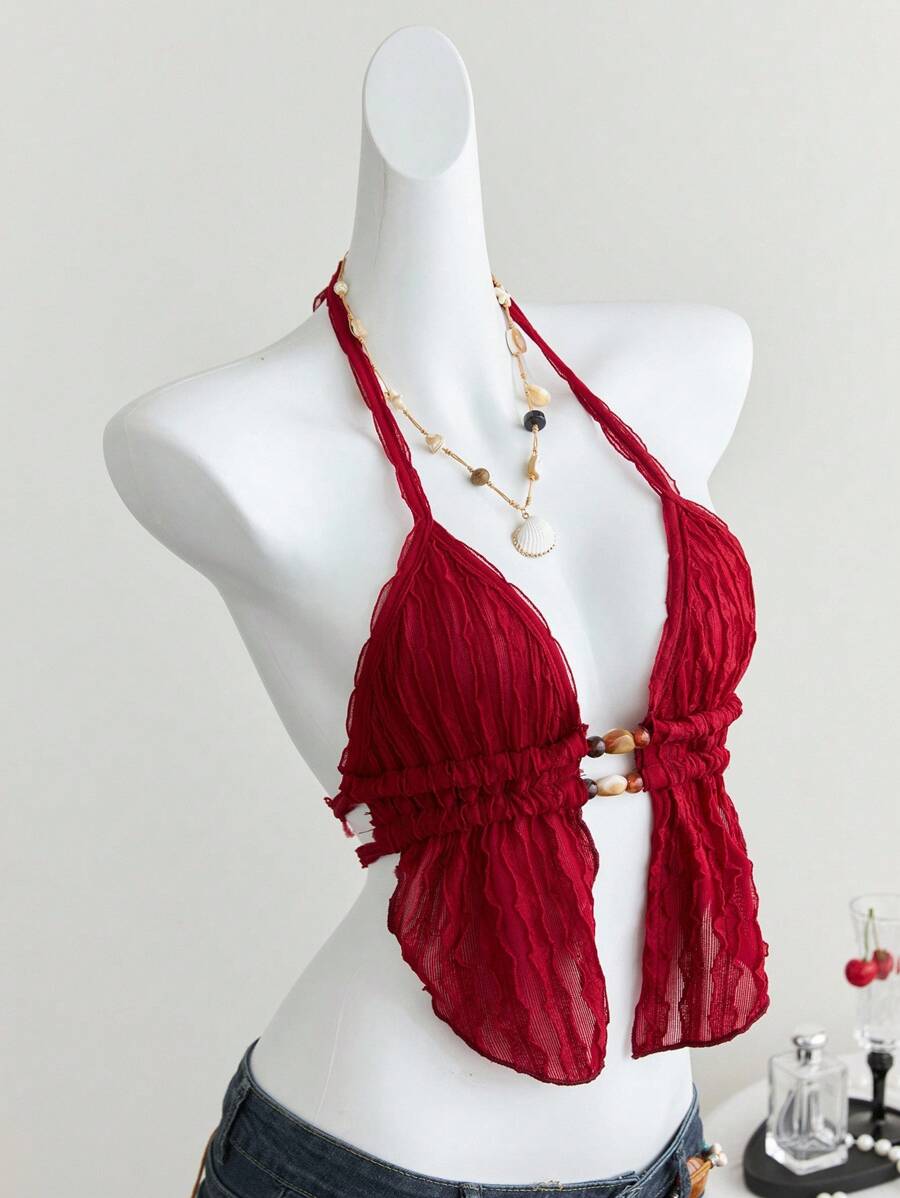 Elamini 女士休闲度假纹理串珠吊带背心 - 酒紅色 - 查看 1