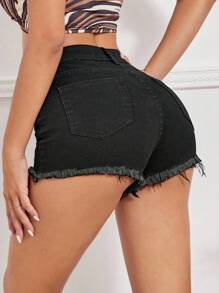 SHEIN Unity Plain Denim Shorts, Fashionable For Summer - Black - View 2