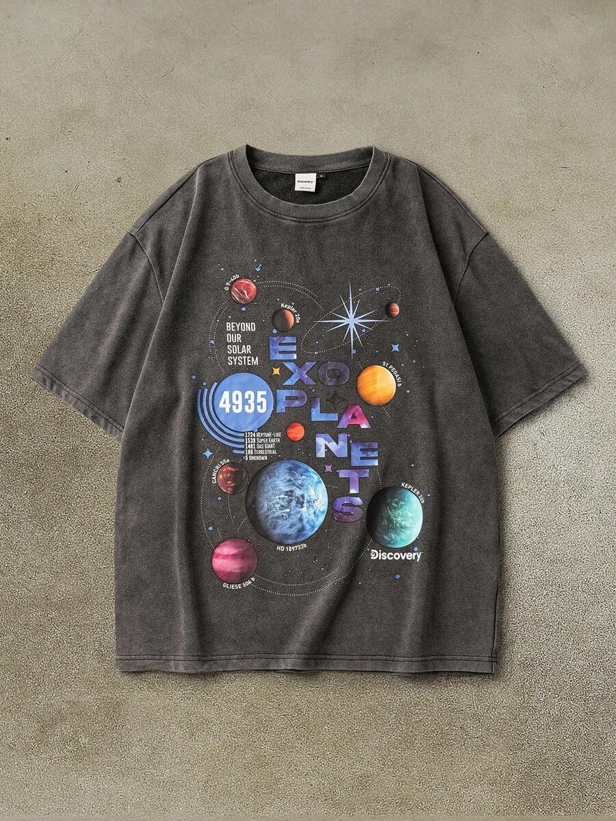 Discovery X SHEIN Men's Casual Planet Print Round Neck Short Sleeve T-Shirt, Summer