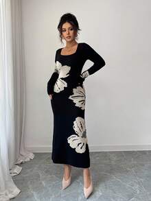 Elenzga Gaun Sweater Ketat Berkerah Persegi Rajut Jacquard untuk Wanita, Pakaian Musim Gugur dan Musim Dingin - Hitam - View 6