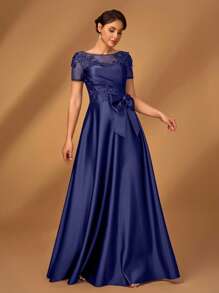 Serin Elegancka, luksusowa, romantyczna, satynowa, plisowana sukienka z siateczki, z aplikacją z koralików, z krótkim rękawem i kokardą w kształcie litery A, idealna na wieczorne przyjęcie, randkę, wakacje, bal, wesele, sukienkę dla panny młodej i matki