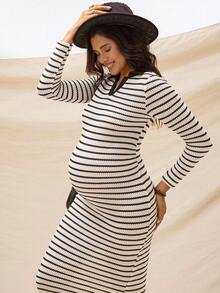 Boho Mama Schwangeren Frauen Lässig Pendler V-Ausschnitt Langarm gestreiftes Bodycon Kleid, Frühling/Herbst - Aprikosenfarben - Übersicht 6
