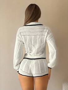 SHEIN ICON 女士翻领落肩镂空毛衣和针织短裤休闲两件套 - 白色 - 查看 2