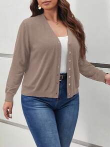 SHEIN Frenchy Cárdigan informal de manga larga con botones de unicolor talla grande, cárdigan talla grande, cárdigan talla grande para mujer, cárdigan informal curvo para otoño/invierno - Albaricoque - Ver 3
