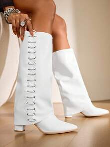 Daringsoles 女式尖头粗跟绒面西部流苏靴，修身高筒靴 - 白色 - 查看 1