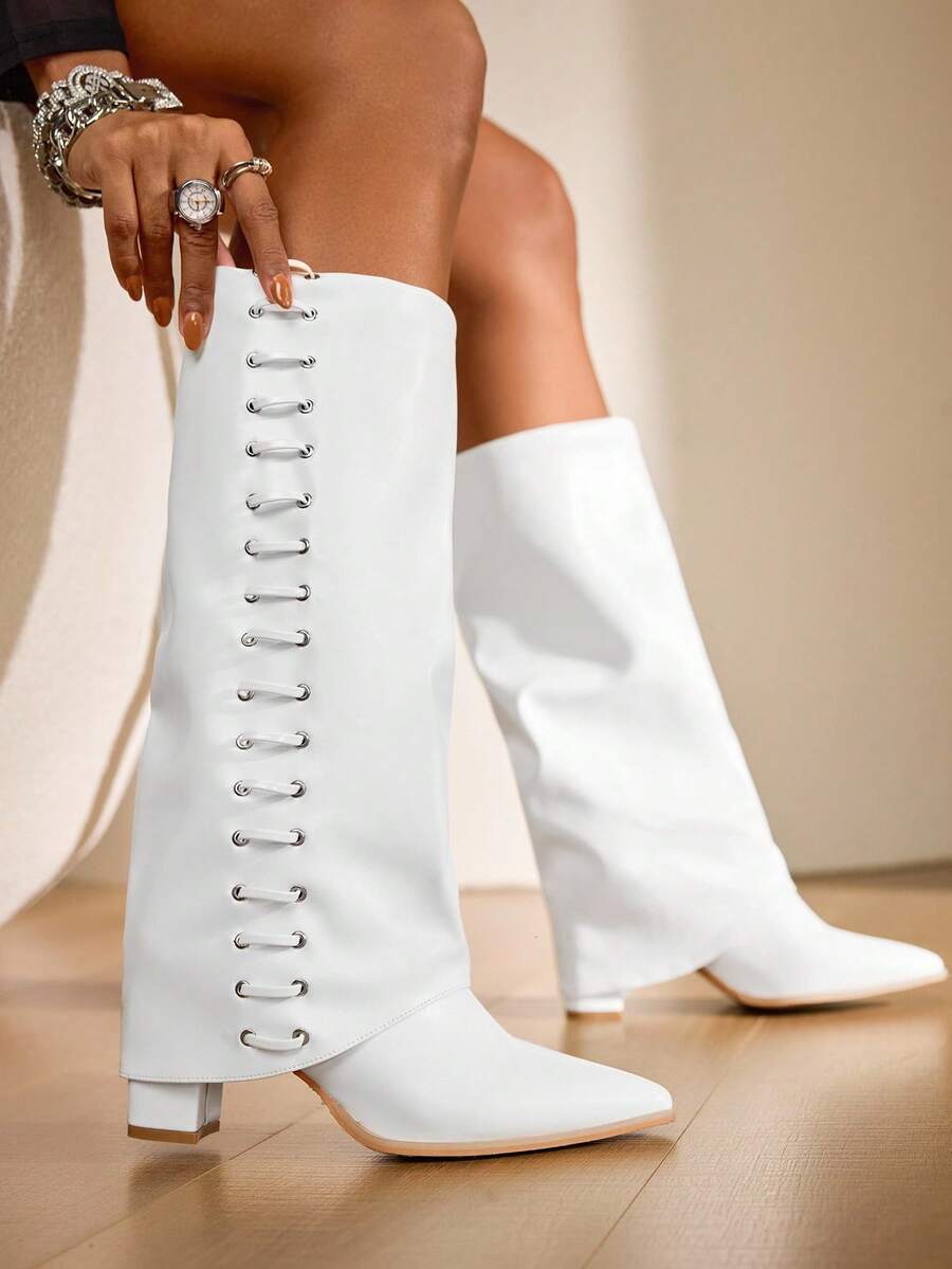 Daringsoles 女式尖头粗跟绒面西部流苏靴，修身高筒靴 - 白色 - 查看 1