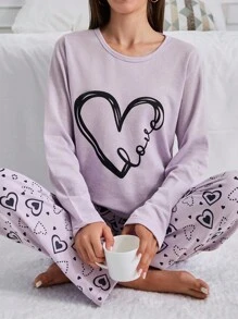 RueChic 100% Cotton 2Pcs  Contrast Colour Heart Printed PJ Set - Lilac Purple - View 5