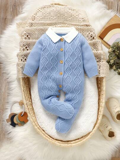 SHEIN Newborn Baby Blue Peter Pan Collar Sweater Jumpsuit, Gentleman Style Small Lapel Jumpsuit, Casual Minimalist Fall Winter