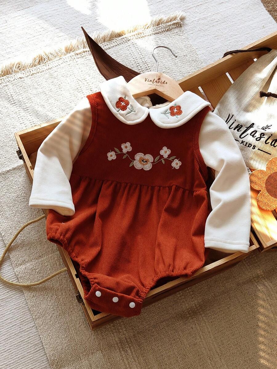 SHEIN Set di body e top a maniche lunghe da bambina con ricamo floreale sul colletto e corpetto, abbigliamento da bambino autunno/inverno con ricami floreali - Arancione - Visualizzare 1