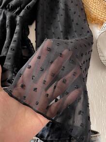 1pc Girls' V-Neck Long Sleeve Chiffon Cutout Blouse, Waist Cinched, Casual Vacation Shirt For Autumn - Black - View 6