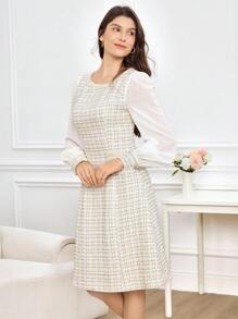 Miaspire Women's Fall And Winter Dress, Tweed Fabric And Chiffon Splicing Design, Suitable For Wedding Guest Dress Elegant, Dresses For Wedding Guests, Waist Version A-Line Dress, Suitable For Going Out Party Occasions,White Dress New Year - White - View 3