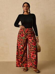 SHEIN VCAY Plus Size Women Leopard & Floral Print Wide Leg Pants, Vacation Wide Leg Leopard Print Rave - Multicolor - View 6