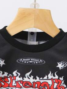 SHEIN 2 piezas Conjunto de sudadera y pantalón de chándal casual con estampado de número y llama para bebé niño, primavera/otoño, Cozy Pixies, ropa de invierno para bebé niño, conjuntos de niño, ropa de otoño para niños, ropa para niños/bebés, ropa de bebé niño, conjuntos casuales de bebé, ropa de invierno para bebé niño, 6M-3T - Negro - Ver 6