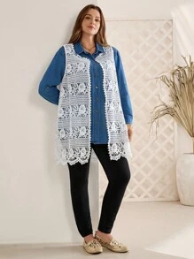 EMERY ROSE معطف نسائي كبير الحجم بدون أكمام مزخرف بالدانتيل، مناسب للخريف والصيف