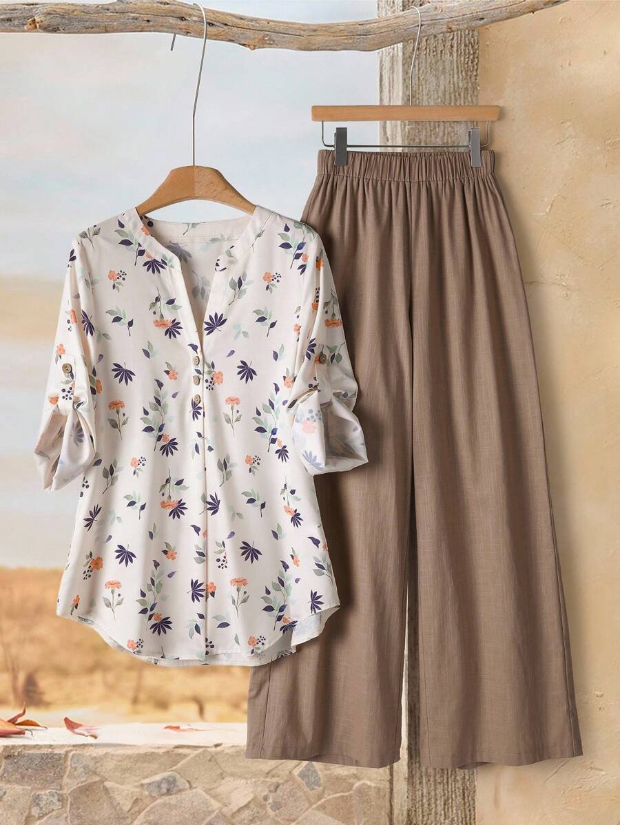 Rusticease 女式 V 领短袖植物印花休闲上衣和直筒裤 2 件套 - 彩色 - 查看 1
