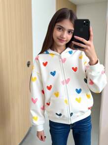 SHEIN 少女彩色爱心印花拉链连帽宽松保暖卫衣/外套，适合居家、户外和上学穿着，秋冬季节。 - 彩色 - 查看 8
