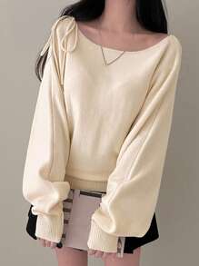 DAZY 女士时尚斜肩系带针织毛衣，秋冬季叠穿单品，露肩上衣，可爱上衣 - 杏色 - 查看 4