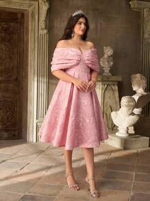 Aureia 加大码夏季优雅浪漫奢华粉色提花缎面露肩褶皱超喇叭连衣裙，适合晚会、度假、约会、生日、舞会、毕业典礼、音乐节、婚礼、正式场合