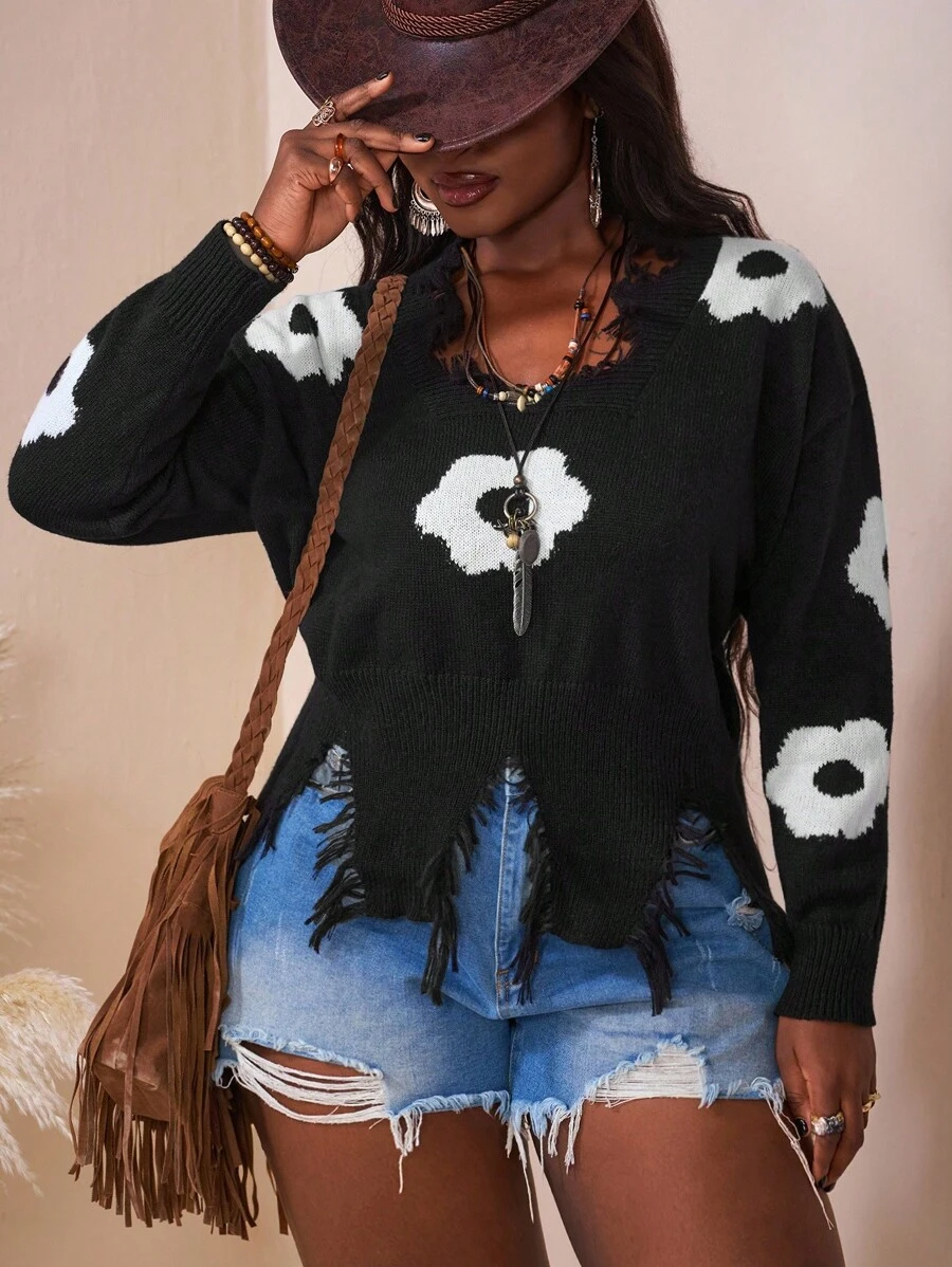 SHEIN CURVE+ Plus Size Floral Pattern Pullover Sweater, Halloween Sweater, Autumn/Winter/Autumn /Winter - Black - View 1