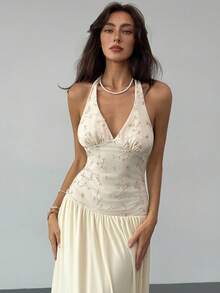 Aloruh Elegant Dresses For Party Apricot Romantic Date Party Ball Gown Halter Backless Deep V Flared Dress For Women - Apricot - View 6
