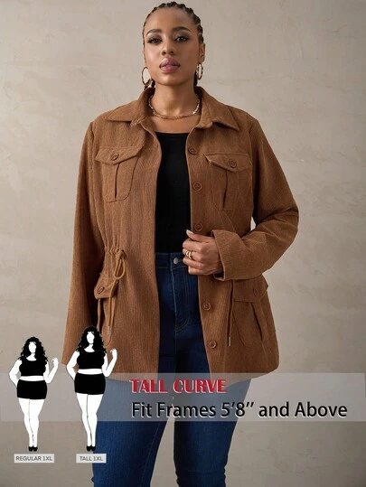 SHEIN Tall CURVE Plus Flap Pocket Drawstring Waist Jacket,Barnfit,Barn Women Corduroy Jackets Brown Corduroy Shacket Plus Size Shackets For Women Plus Size Corduroy Jacket Tall Women Jackets In Fall/Winter