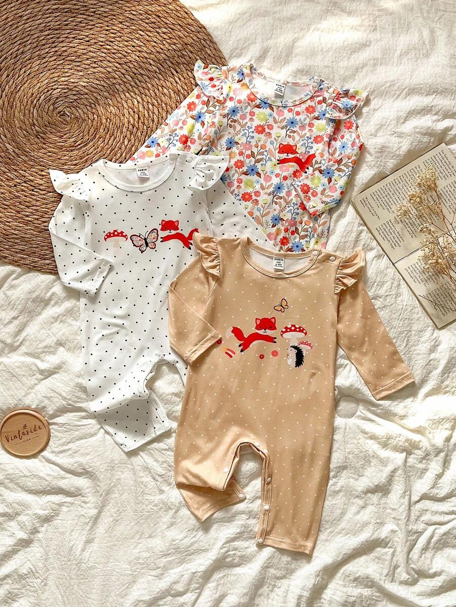 SHEIN 3 Peças Conjunto de Macacão de Manga Longa com Estampa de Raposa Fofa, Poá e Floral para Bebê Menina, Disponível nas Cores Branco, Amarelo e Estampa Floral para Uso Casual - Multicolorido - Visão 1