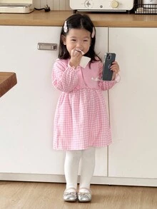 SHEIN 女婴甜美可爱粉色格子二合一长袖连衣裙，撞色白色蝴蝶结装饰 - 粉色 - 查看 8