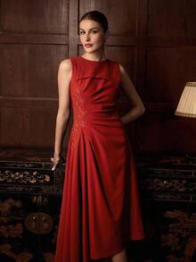 ZEYLAH Women's Round Neck Sleeveless Pleated Elegant Embroidered Midi Dress - Red - View 6